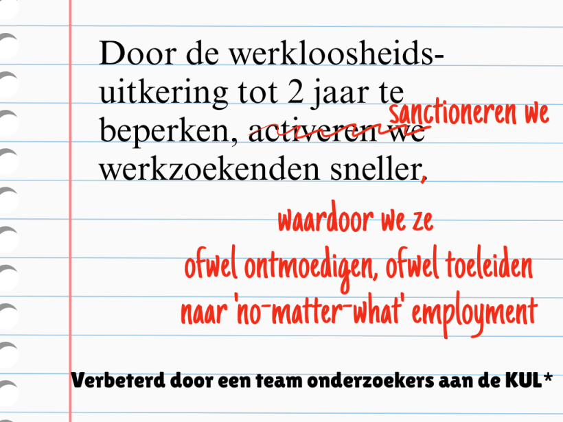 Door de werkloosheids-uitkering tot 2 jaar te beperken, sanctionere we werkzoekenden sneller, waardoor we ze  ofwel ontmoedigen, ofwel toeleiden naar 'no-matter-what' employment